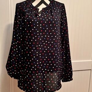 Talbots Navy Long Sleeve Polka Dot Blouse with Red Pink and Blue Dots
